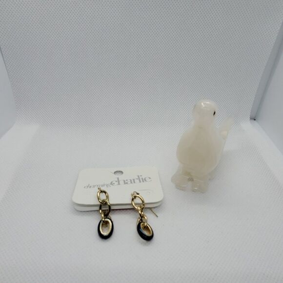 NWT Charming Charlie Gold Tone & Blue Dangling Earrings - Picture 1 of 2